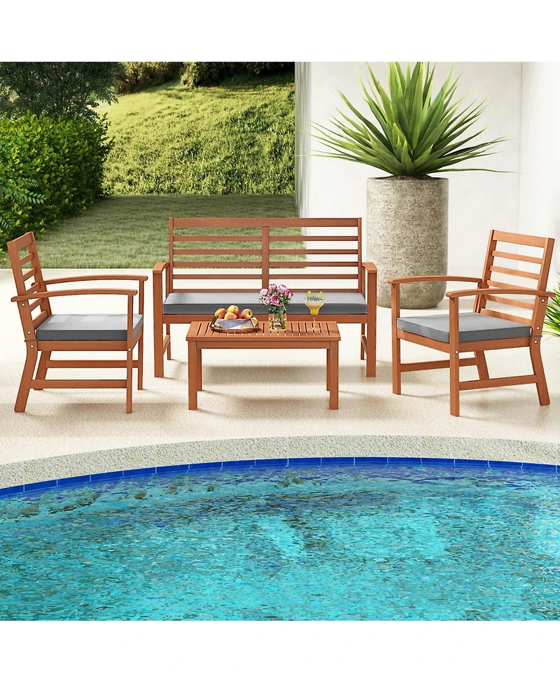 4 Pcs Outdoor Furniture Set with Soft Seat Cushions Stable Acacia Wood Frame
