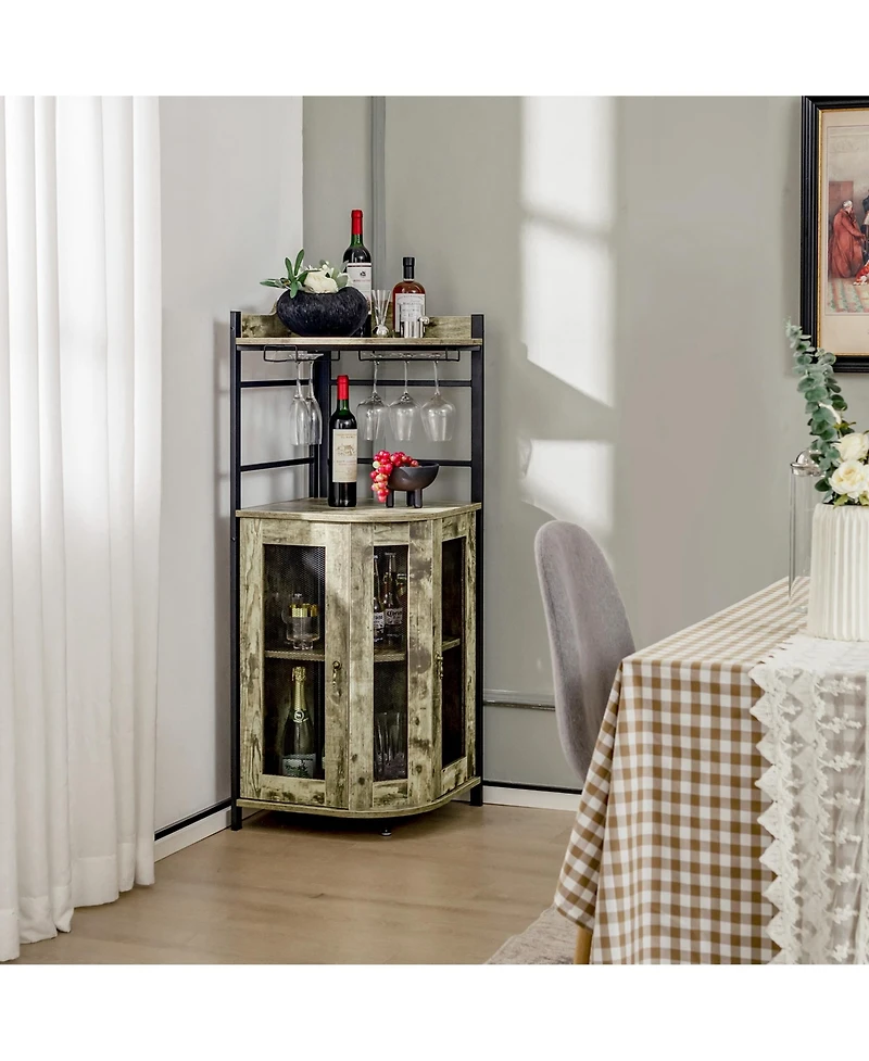 Costway Corner Bar Cabinet Industrial Liquor Wine Cabinet with Glass Holder & Mesh Doors