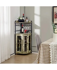 Costway Corner Bar Cabinet Industrial Liquor Wine Cabinet with Glass Holder & Mesh Doors