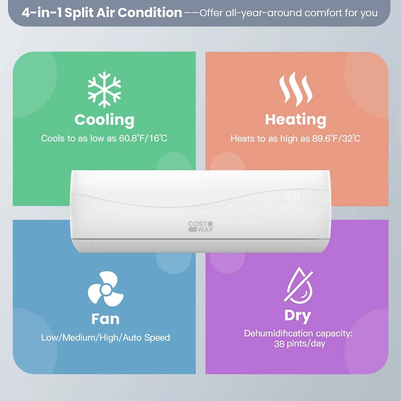 9000 Btu Split Air Conditioner & Heater Wall Mount Ac Unit with Remote Control