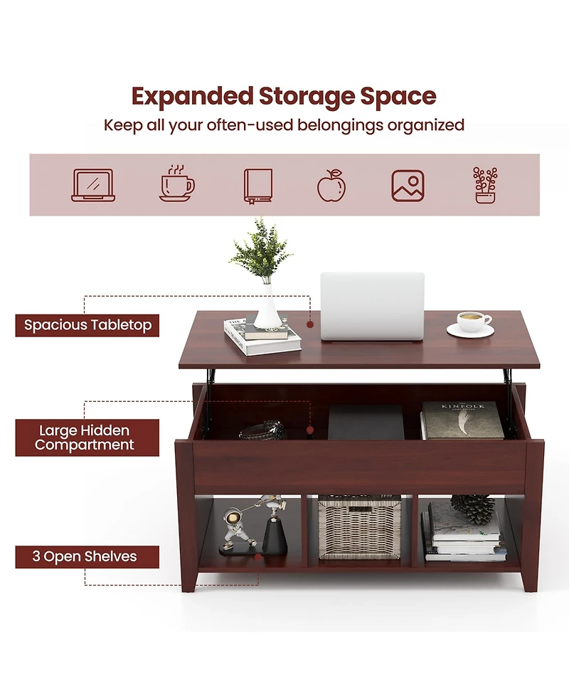 Lift Top Coffee Table with Hidden Compartment and Storage Shelves
