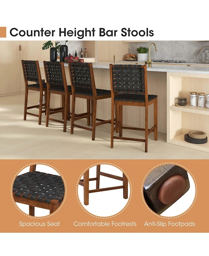 Woven Bar Stools Set of 2 Counter Height Dining Chairs Faux Pu Leather Kitchen