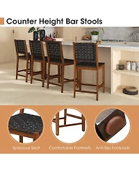 Woven Bar Stools Set of 2 Counter Height Dining Chairs Faux Pu Leather Kitchen
