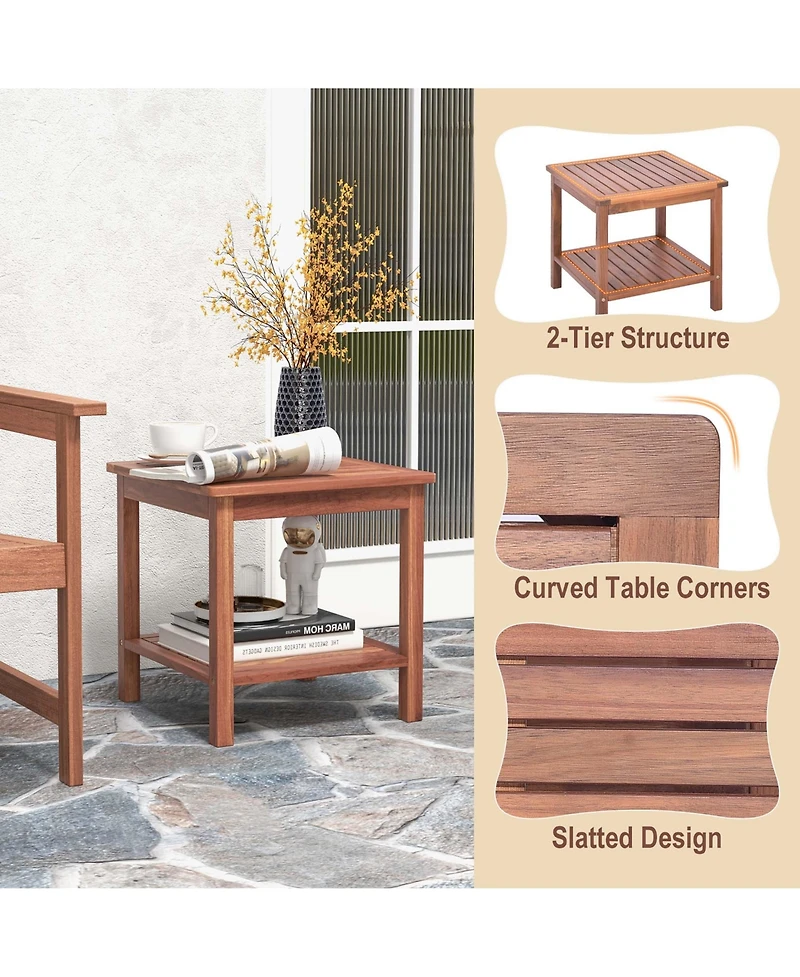 Costway Patio Acacia Wood Side Table 2-Tier Square End Table Porch Poolside