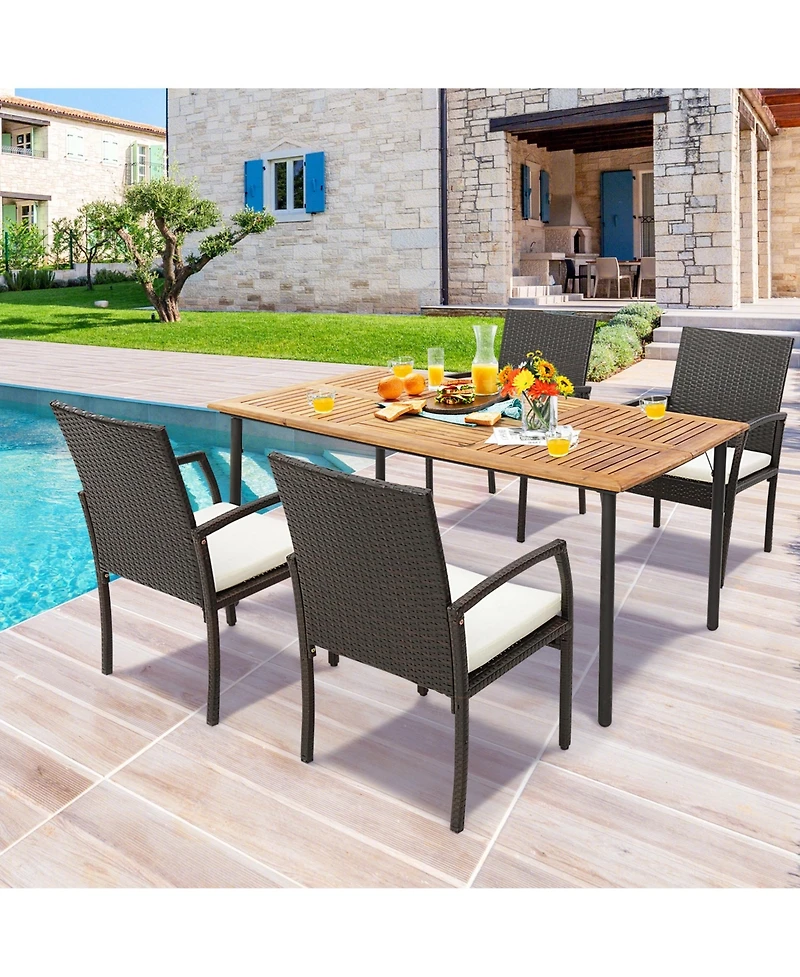 Costway Patio Rectangular Acacia Wood Dining Table with 1.9''Umbrella Hole Indoor&Outdoor