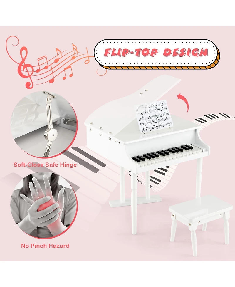Costway 30 Key Classical Kids Piano Wooden Musical Instrument Toy w/ Stand & Stool