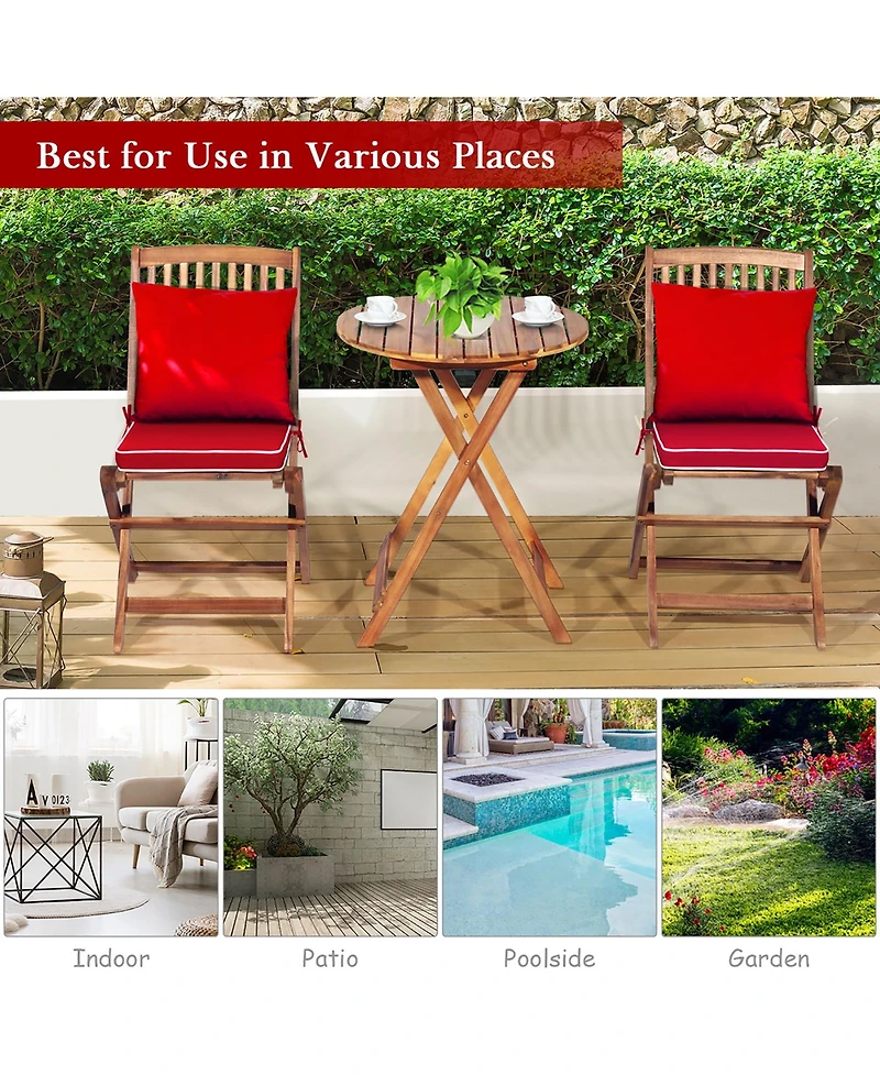 3PCS Patio Folding Wooden Bistro Set Cushioned Chair Conversation Garden