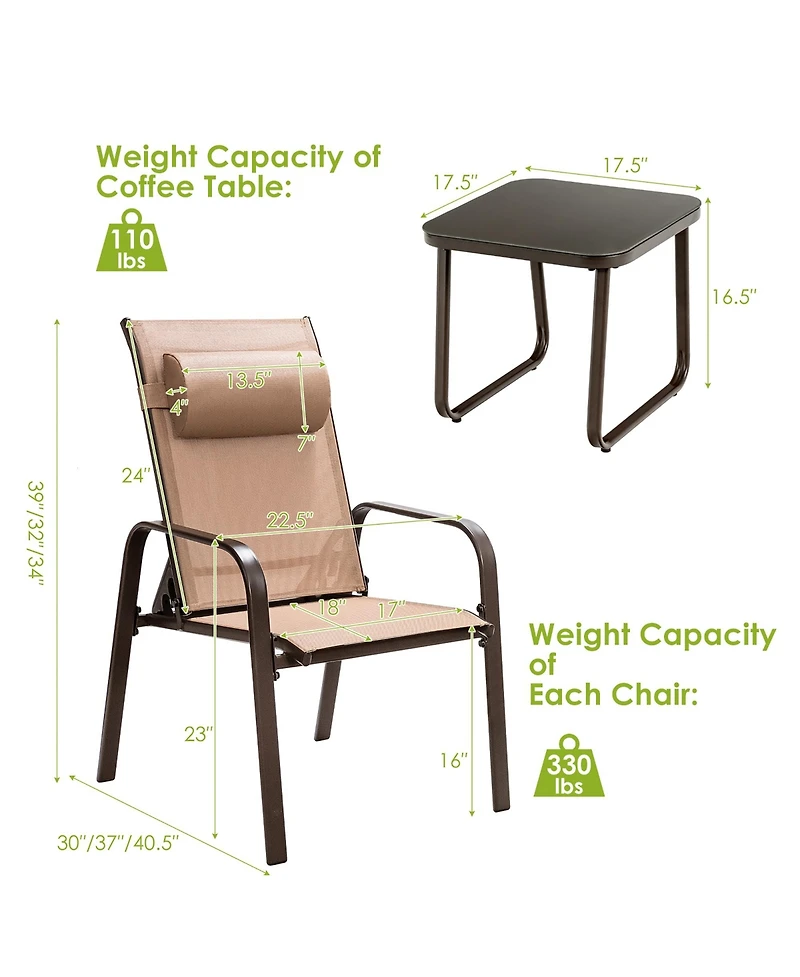 3PCS Patio Bistro Furniture Set Adjustable Back Stackable Chairs