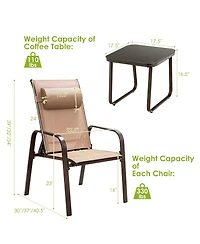 3PCS Patio Bistro Furniture Set Adjustable Back Stackable Chairs