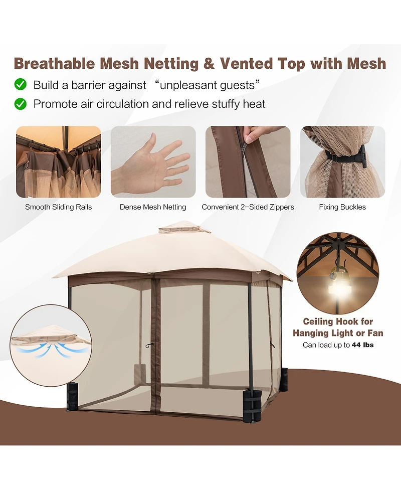 Costway 10x10 Ft 2-Tier Patio Gazebo Canopy Netting Heavy-Duty Metal Easy-Setup Outdoor