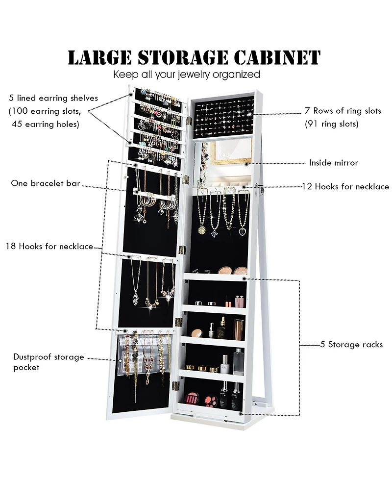 Mirrored Jewelry Cabinet Lockable Standing Storage Organizer W/ Shelf