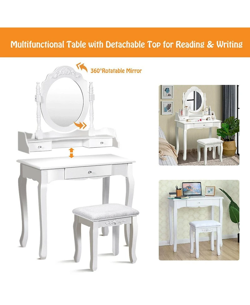 Costway White Vanity Wood Makeup Dressing Table Stool 3 Drawer