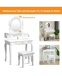 Costway White Vanity Wood Makeup Dressing Table Stool 3 Drawer