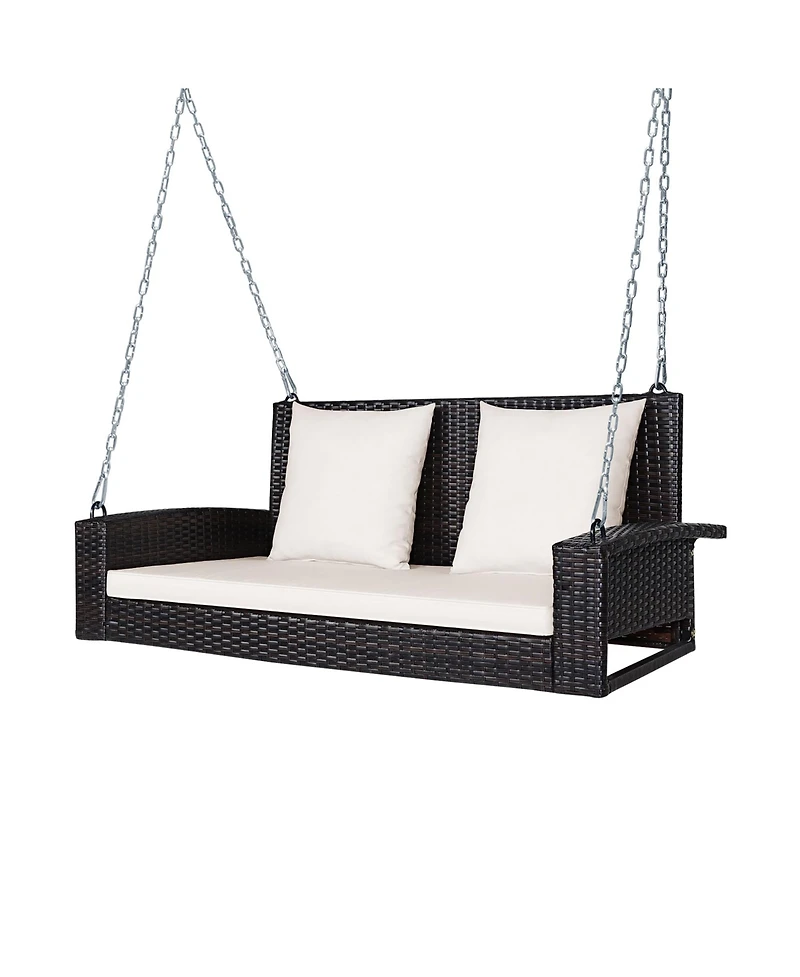 2-Person Patio Rattan Hanging Porch Swing Bench Chair Cushion