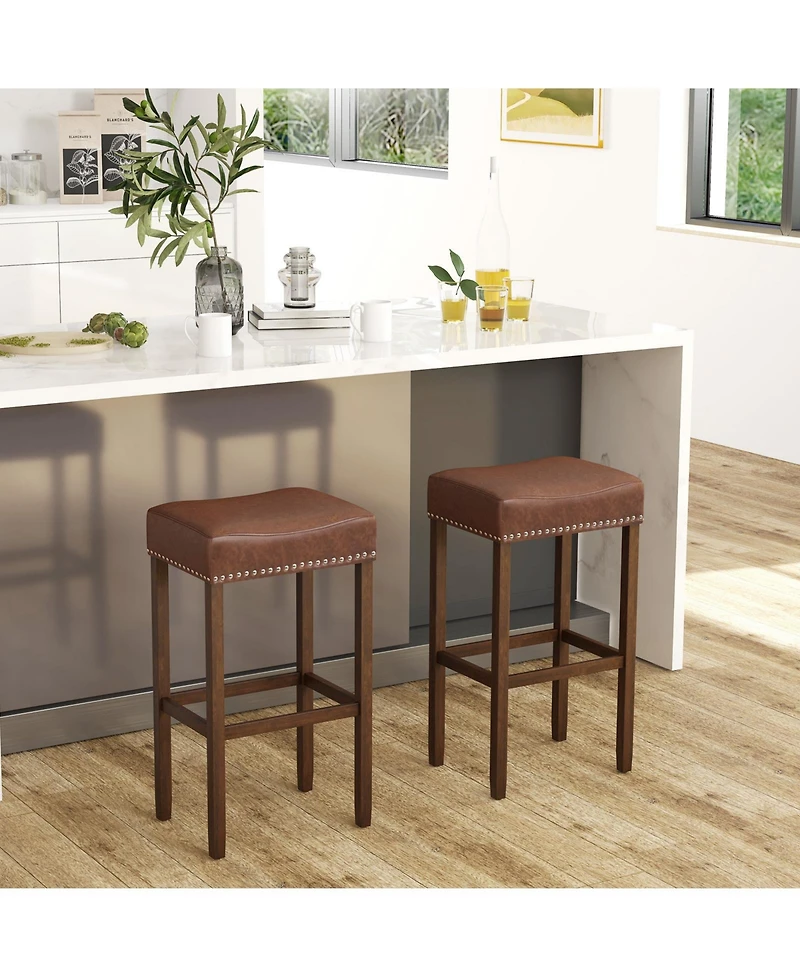 29.5" Wood Frame Pu Leather Upholstered Bar Stools Set of 2 with Footrests