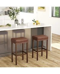 29.5" Wood Frame Pu Leather Upholstered Bar Stools Set of 2 with Footrests