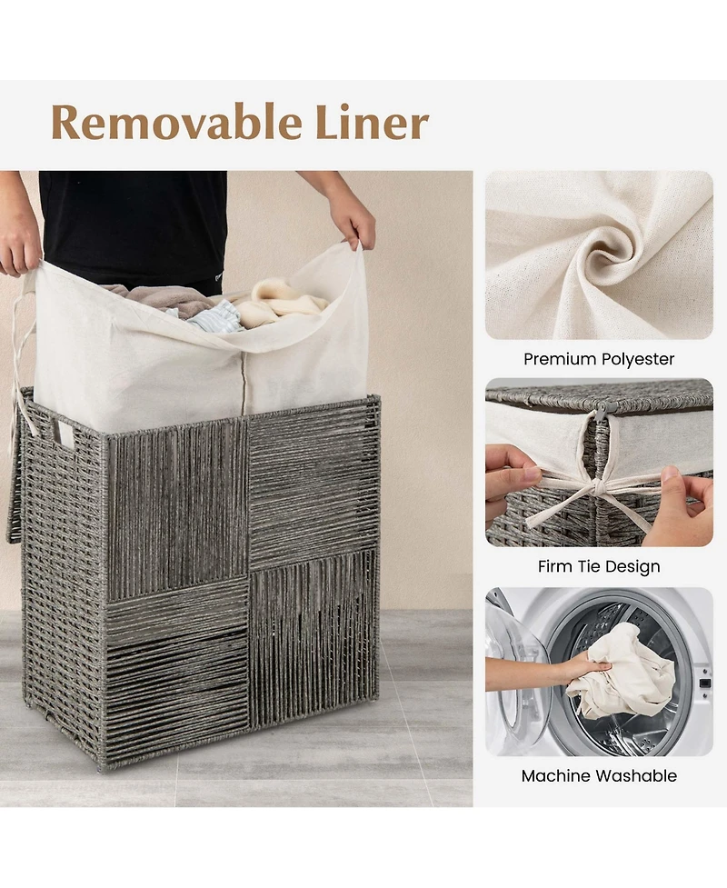 Hand-woven Rattan Laundry Hamper with Lid Removable Liner Bag 29-Gallon 2-Section