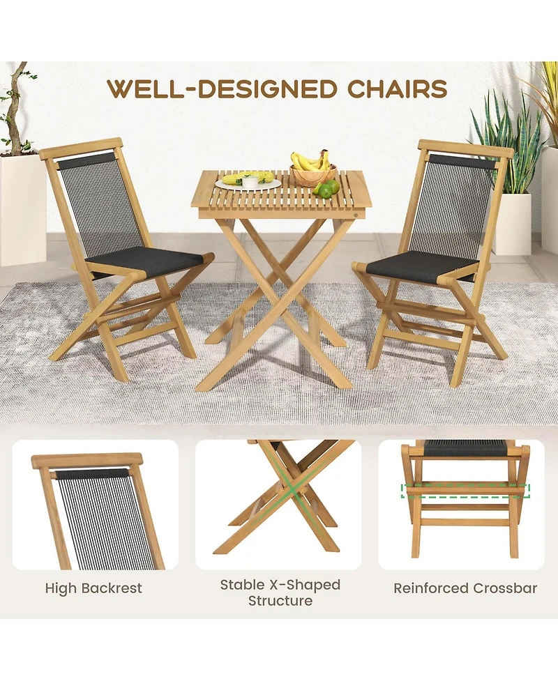 Costway 4 Pcs Patio Folding Chairs with Woven Rope Seat & Back Solid Teak Wood for Porch