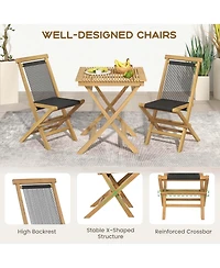 Costway 4 Pcs Patio Folding Chairs with Woven Rope Seat & Back Solid Teak Wood for Porch