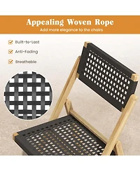 Costway 2 Piece Patio Folding Chairs with Woven Rope Seat & High Back Teak Wood for Porch