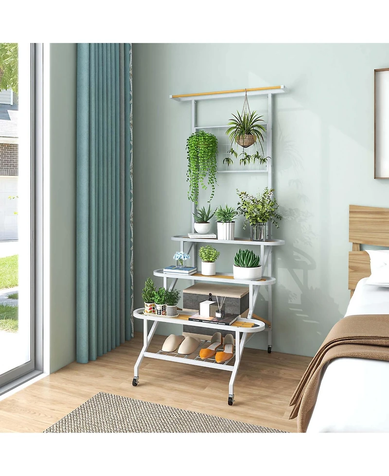 4-Tier Hanging Plant Stand Ladder Plant Shelf with Hanging Bar & Trellis