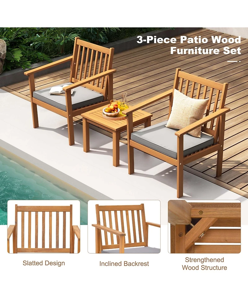 3 Pcs Patio Wood Furniture Set Acacia Wood Chairs & Coffee Table with soft Cushions