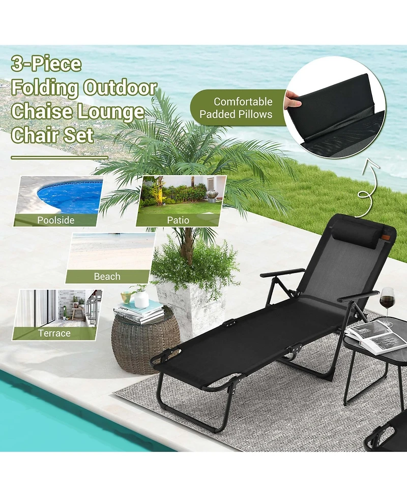 3pcs Patio Folding Chaise Lounge Chair Pvc Tabletop Set Outdoor Portable Beach