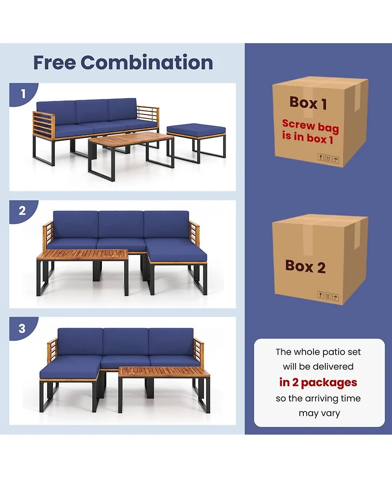 Costway 5 Piece Patio Chair Set, Acacia Wood Chair Set with Ottoman & Coffee Table