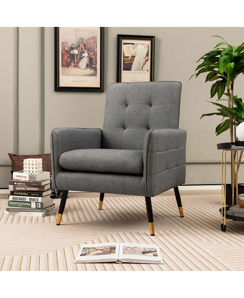 Linen Fabric Accent Chair Modern Single Sofa Chair with Solid Metal Legs