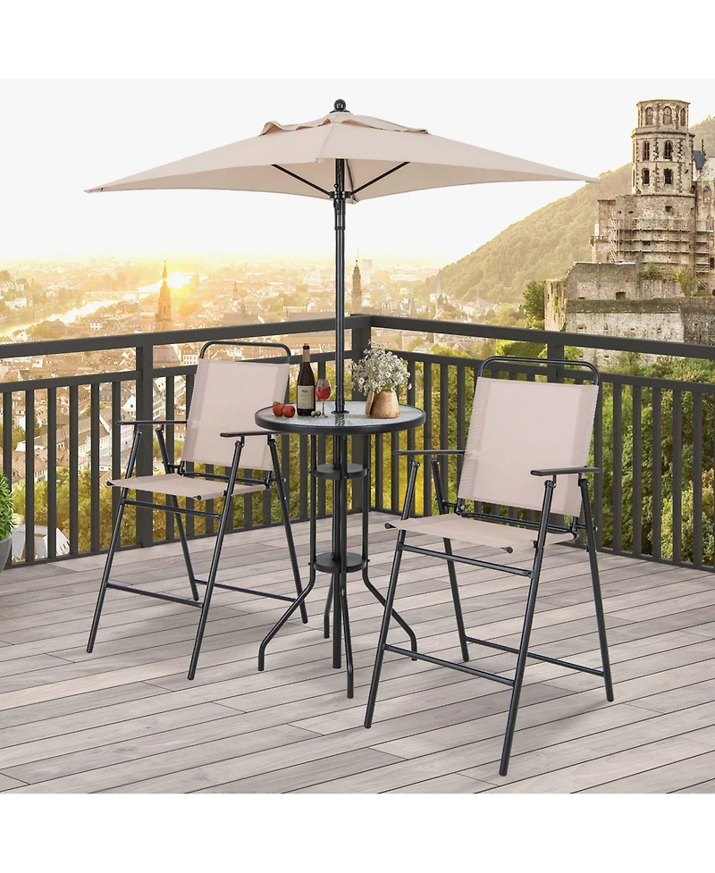 4PCS Patio Bistro Set Folding Counter Height Chairs Round Bar Table& Umbrella