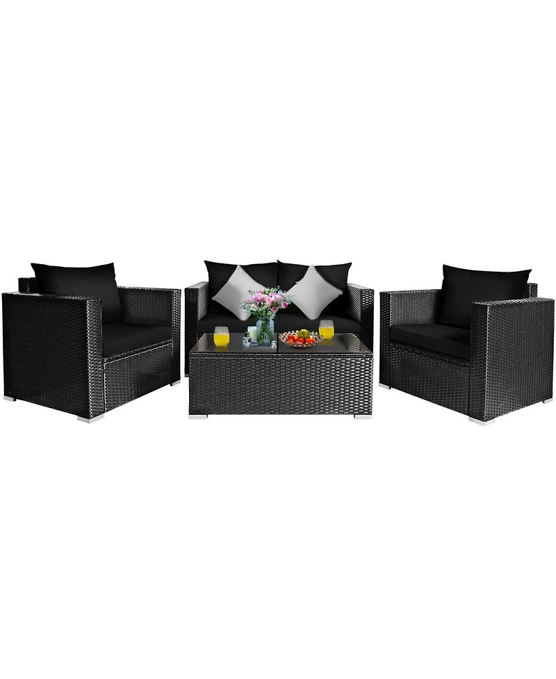 Gymax 8PCS Rattan Patio Conversation Set Outdoor Furniture Set w/ Black Cushions