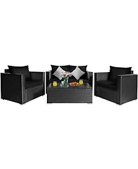 Gymax 8PCS Rattan Patio Conversation Set Outdoor Furniture Set w/ Black Cushions