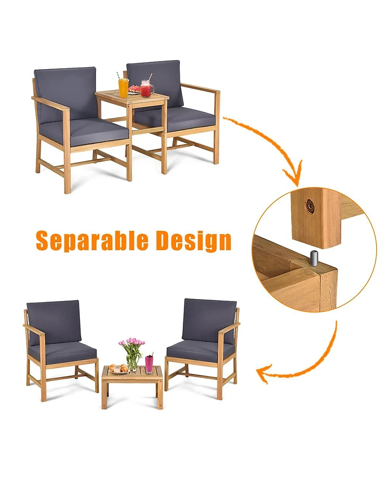 Costway 3 in 1 Patio Table Chairs Set Solid Wood Garden Furniture