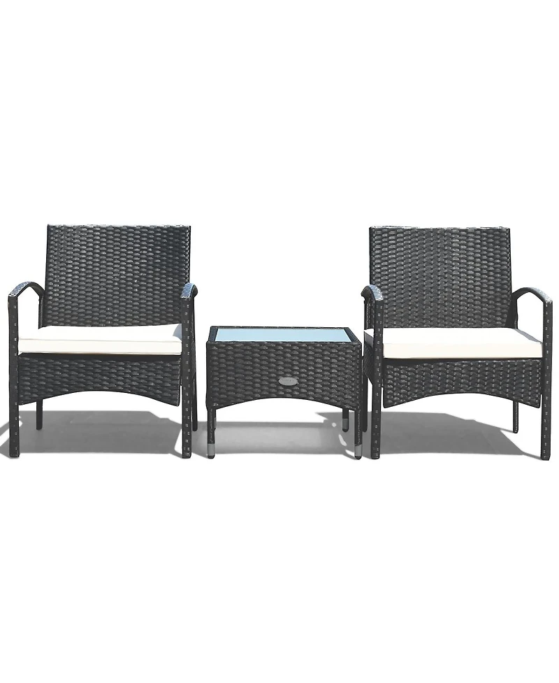 Costway 3 Pcs Furniture Set Table & 2 Chair Patio Wicker Rattan W/Cushion