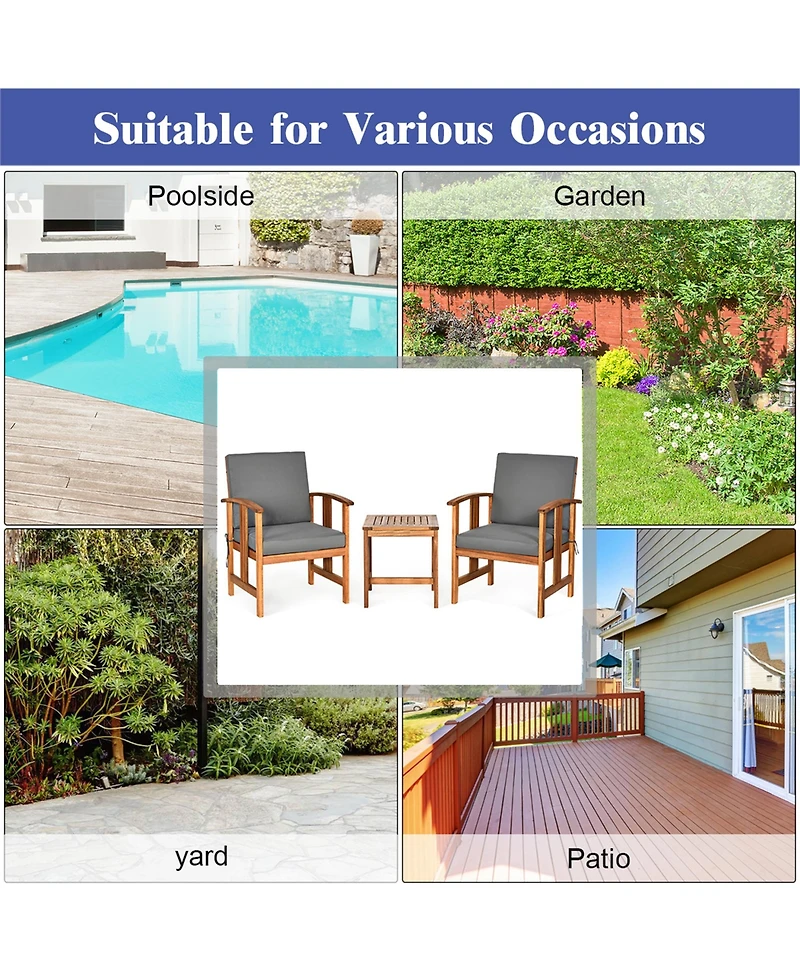 3PCS Solid Wood Patio Furniture Set Table&Chairs