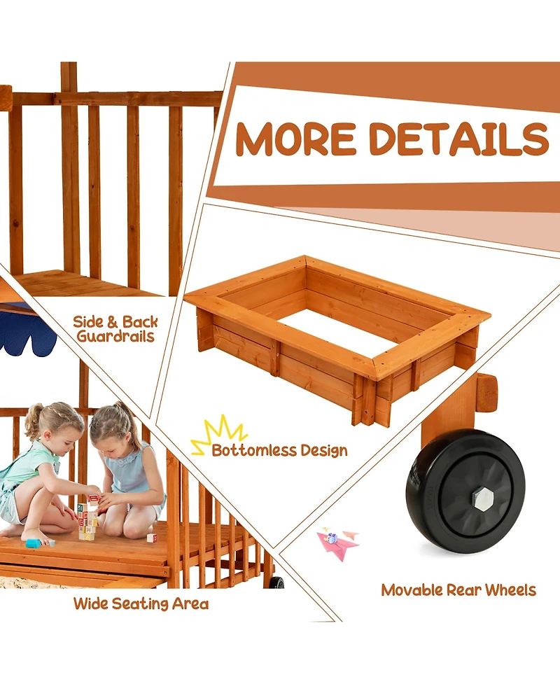 Wooden Retractable Sandbox with Cover & Built-in Wheels Kids