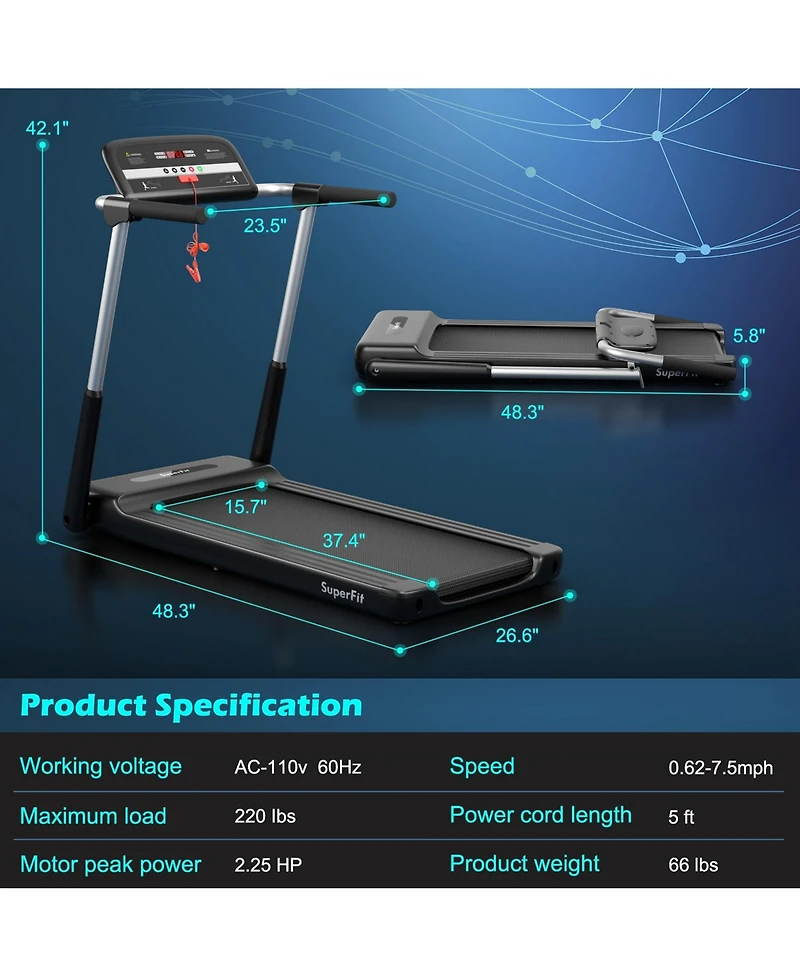 2.25HP Folding Led Treadmill Electric Running Walking Machine with App Control Gym