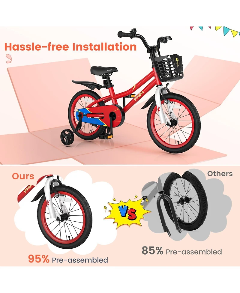 16'' Kid's Bike with Removable Training Wheels & Basket for 4-7 Years Old