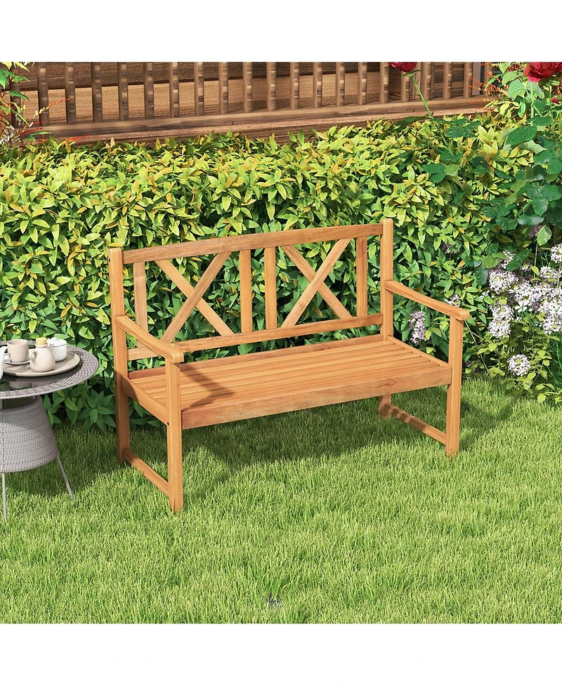 Costway Patio Acacia Wood 2-Person Slatted Bench Outdoor Loveseat Chair Garden