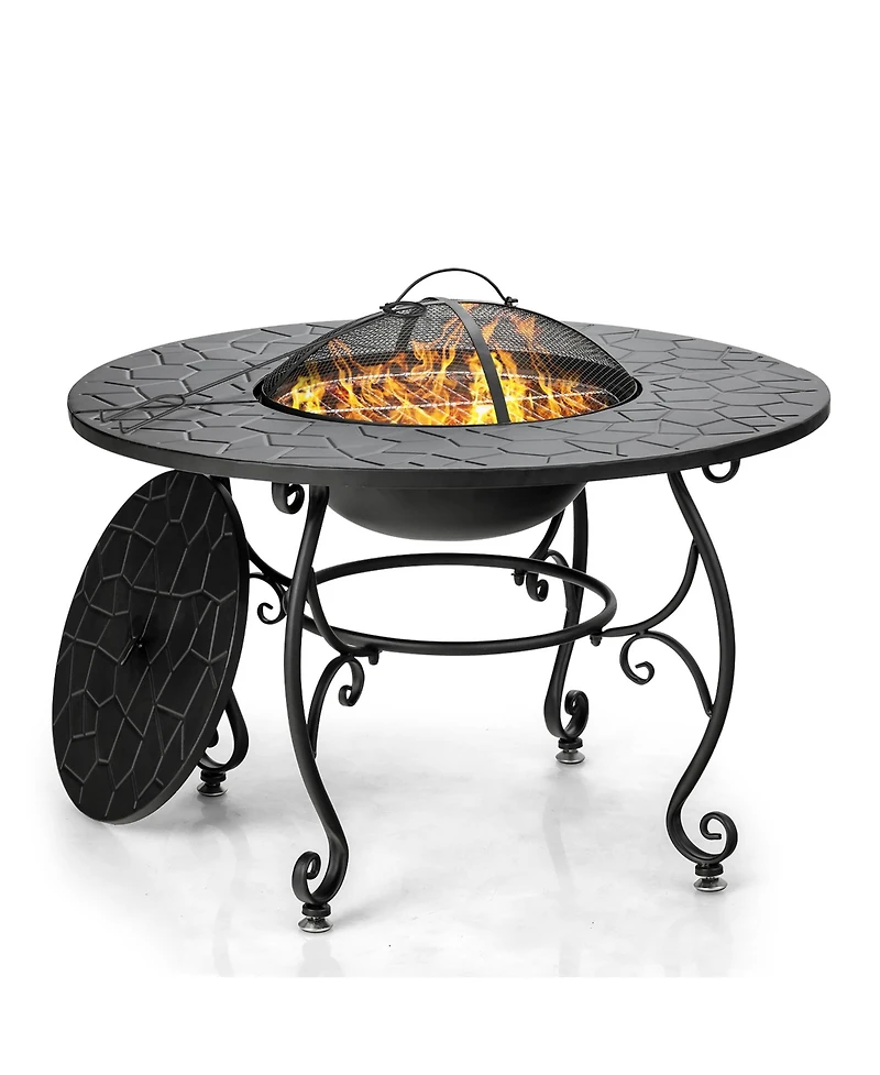 35.5'' Patio Fire Pit Dining Table Charcoal Wood Burning W/ Cooking Bbq Grate