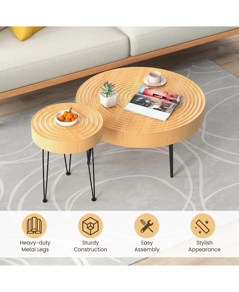 Farmhouse Round CoffeeTable Set of 2 End Table Natural Finish for Living Room