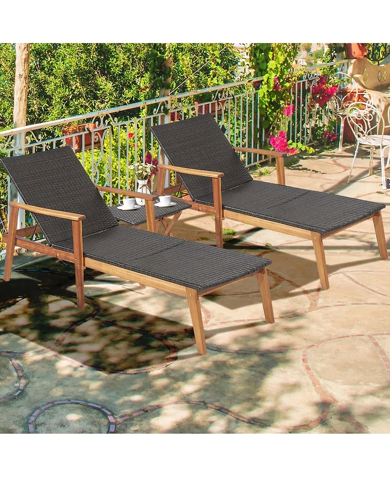 Costway 2PCS Patio Rattan Lounge Chair Chaise Recliner Wood Back Adjust W/Folding Table