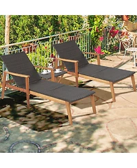 Costway 2PCS Patio Rattan Lounge Chair Chaise Recliner Wood Back Adjust W/Folding Table