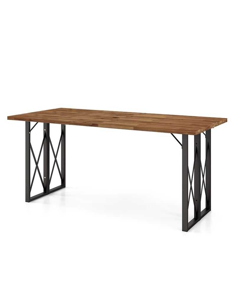 Costway 67'' Patio Rectangle Table Heavy-Duty Acacia Wood Dining Table with Umbrella Hole