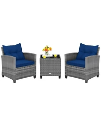 3PCS Patio Rattan Furniture Bistro Set Cushioned Sofas Side Table Armrest