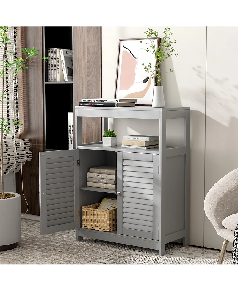 Bathroom Floor Cabinet Storage Organizer with Open Shelf & Double Shutter Door