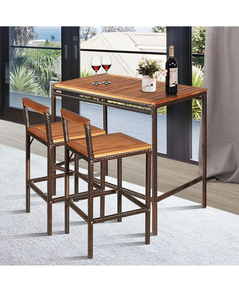 Costway 3 Pcs Patio Rattan Wicker Bar wood Table Chair Outdoor