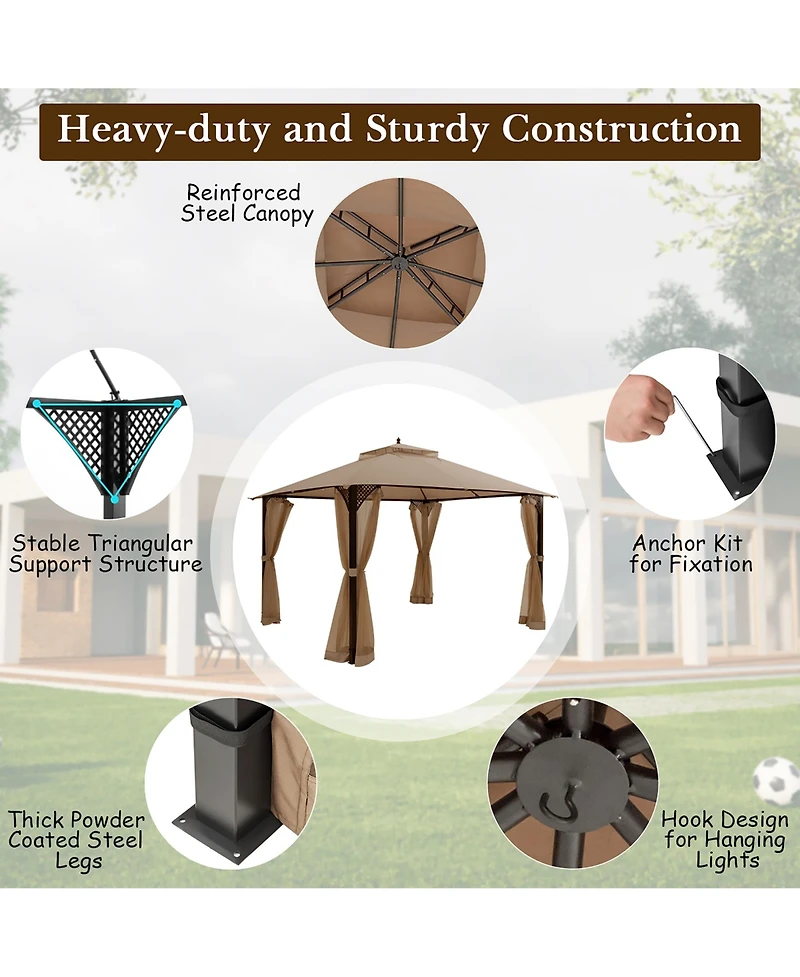 12' x 10' Outdoor Patio Gazebo Canopy Shelter Double Top Sidewalls Netting