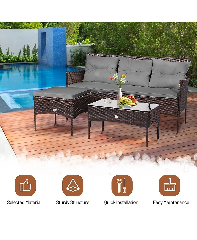 Gymax 3PCS Patio Rattan Sectional Conversation Furniture Set w/ Grey Cushions