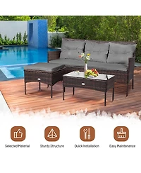 Gymax 3PCS Patio Rattan Sectional Conversation Furniture Set w/ Grey Cushions